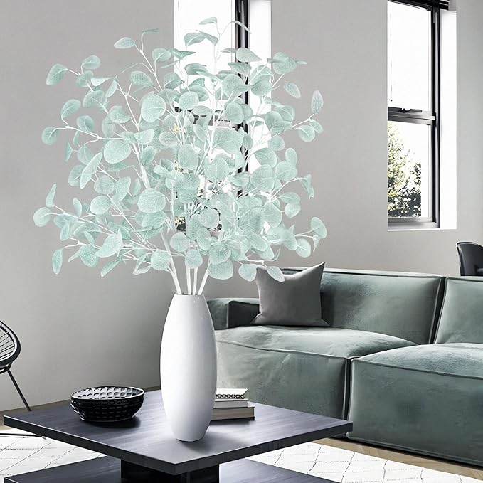 16Pcs Artificial Eucalyptus Leaves Stems 33.8’’ Long Silver Dollar Eucalyptus Faux Fake Foliage Plants Greenery Branches Bushes for Home Fireplace Office Party Decor