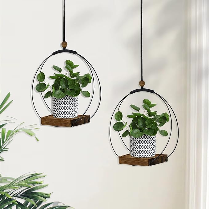 2 Pack Hanging Planter for Indoor Plants, Black Plant Hanger with Sturdy Wood Base, Modern Boho Macrame Hanger, Wall Ceiling Window Planter (Plants/Pots Not Included)