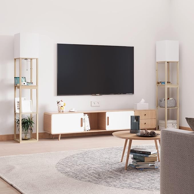 SUNMORY Floor Lamp with Shelves,Modern Dimmable Wood Standing Lamp with 1 Drawer and 2 USB Ports & 2 Power Outlet,Corner Tall Bookshelf Lamp for Living Room and Bedroom(Wood Color)