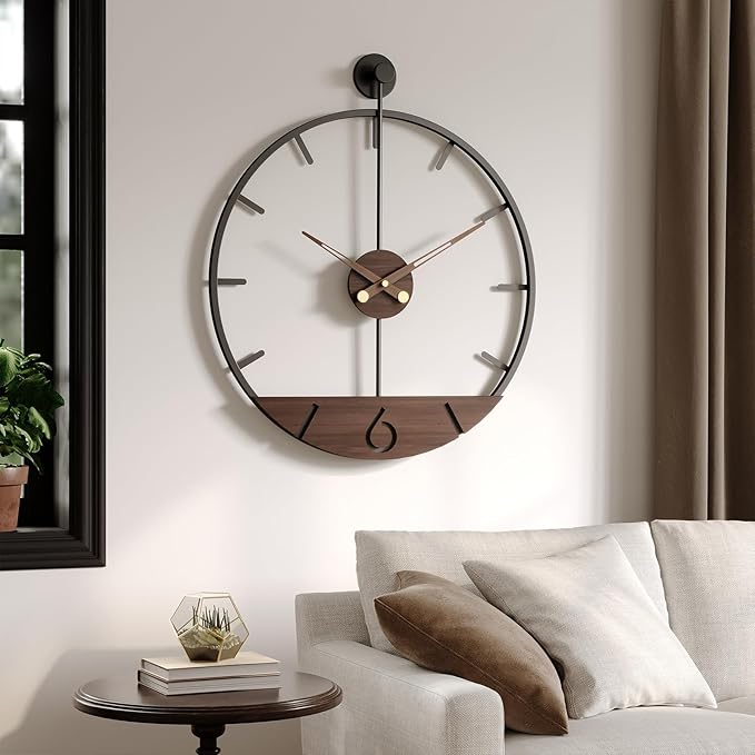 30 Inch Large Wall Clock for Living Room Decor, Walnut Wood Dial with Metal Frame, Silent Non Ticking Wall Clock Battery Operated for Kitchen, Office, or Bedroom
