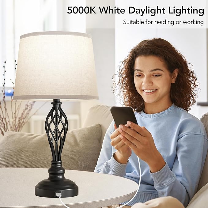 PARTPHONER Set of 2 Table Lamps with USB Port, Farmhouse Bedside Lamps with 3-Color Temperature, Nightstand Lamp Large Cream Drum Shade Spiral Cage Base Desk Lamps for Living Room, Home Bedroom