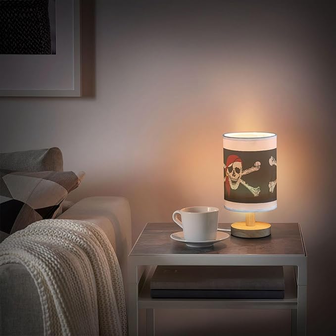 Table Lamp Pirate Skull Crossbones Nightstand Lamp with Wood Base Fabric Lamp Shade Bedside Desk Lamp for Living Room Bedroom Kids Room Office