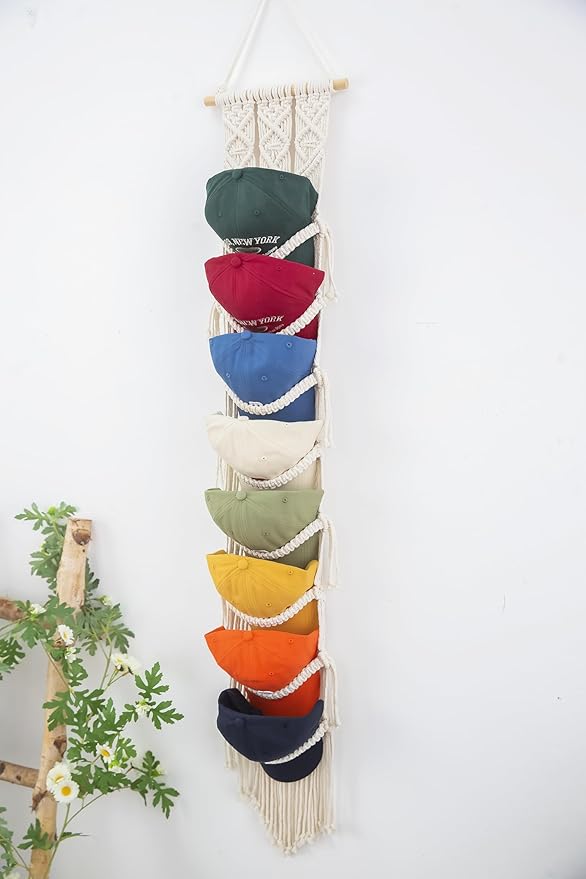 Macrame Cap Holder, Boho Hats organizer for baseball Caps, Hat Rack for Wall Hanging Decoration, Cap Rack for collection Display, Handmade Cap Hanger Storage Organizer (2Pcs-Eight hats)