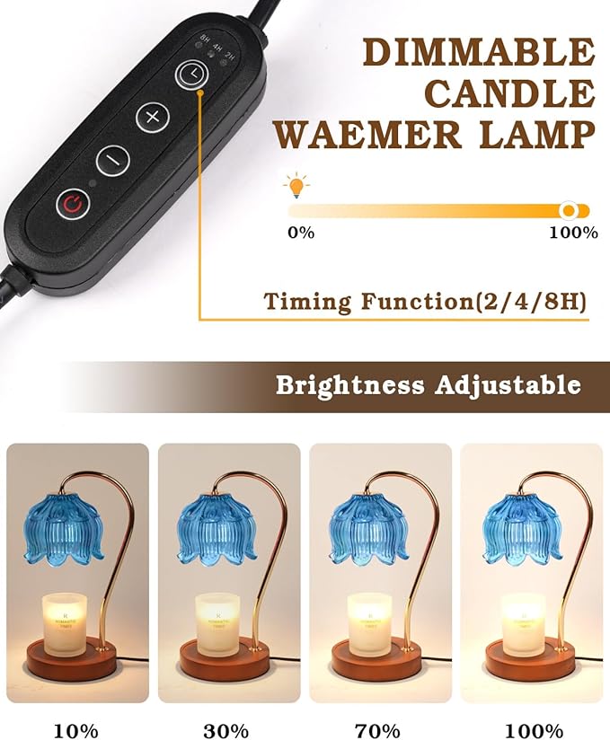 Flower Candle Warmer Lamp with Timer, Blue Candle Lamp Warmer, Birthday Gifts for Women, Mom, Female Friend, Dimmable Glass Lamp Candle Warmer Gifts, Aromatic Candle Wax Warmer for Vintage Home Decor