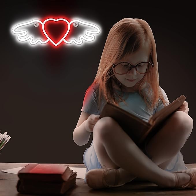 Lumoonosity Heart Angel Wings Neon Sign - Neon Angel Wings & Heart LED Sign for Teens/Kids/Girls Room Wall Decor - USB Powered with On/Off Switch - 14 x 4.5-inch