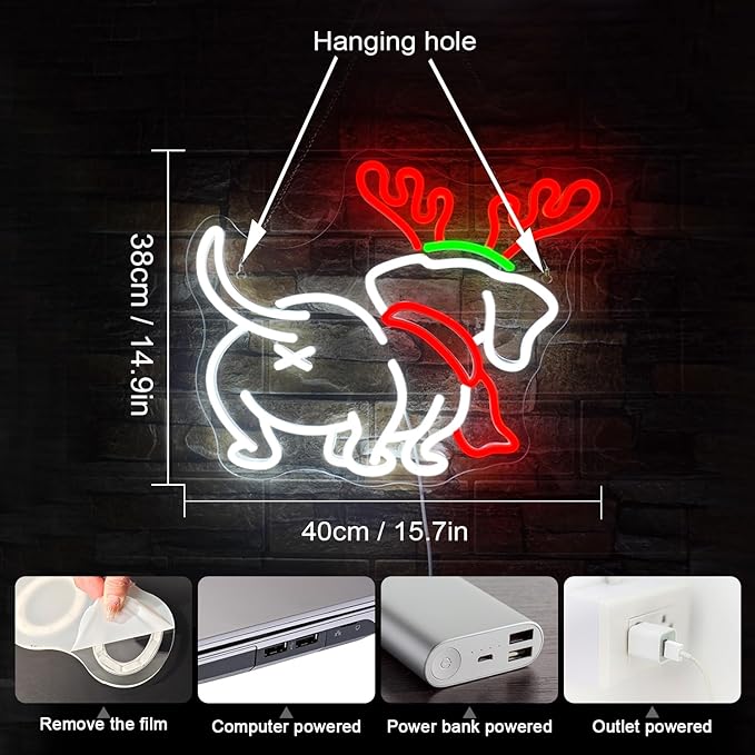 NOSUN Dog Neon Sign, LED Christmas Elk Horn Light, Dimmable Cute Puppy Wall Decor for Home, Holiday Party