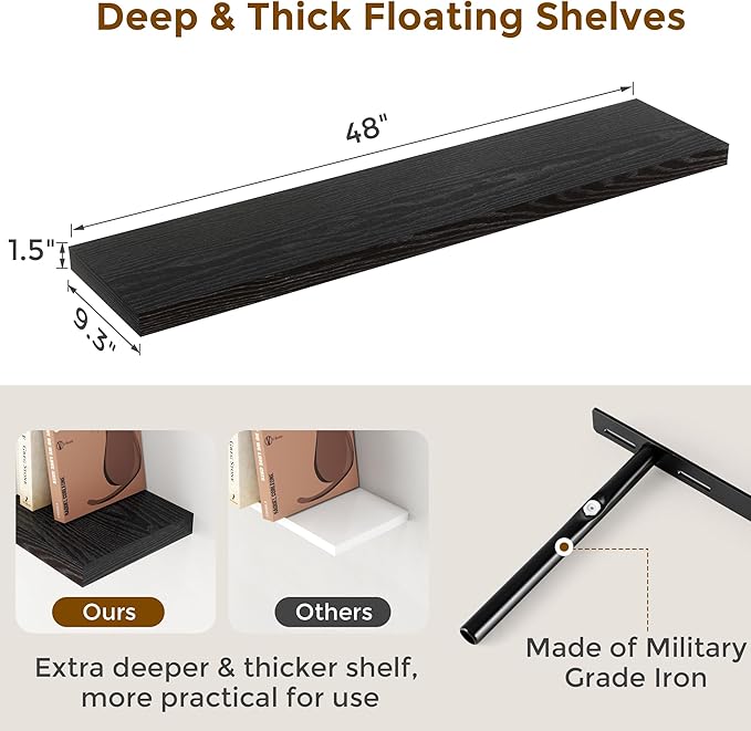48"W x 9"D Floating Shelves Set of 2, 9.3 Inch Deep Floating Shelves Wall Mounted, Wide Wall Shelves Invisible Bracket, Deep Storage Shelves for Living Room, Bathroom, Kitchen, Black Color