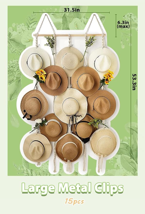 Macrame Hat Rack for Wall 31x53 in Hat Organizer with 15 Clips Hanging Hat Hangers for Wide Brimmed Hat Display Women Hat Storage Boho Hat Hanger Decorative Hat Holder for Fedora Cowboy Hat