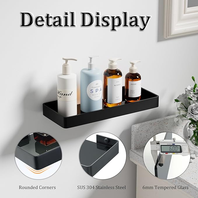Alise Glass Bathroom Shelf, Black 11.8 Inch Rectangular Floating Shelves for Showers, Kitchens, SUS304 Stainless Steel Glass Shelf for Toilet, Room Decor