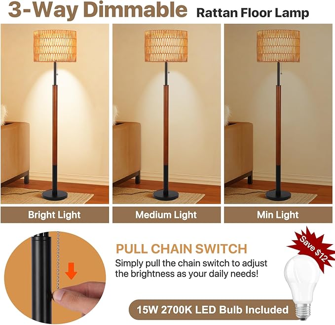 Boho Floor Lamps for Living Room, Rattan Floor Lamp with 3-Way Dimmable Bulb, Wood Floor Lamp with Rattan & Fabric Shades, Solid Wooden Pole Boho Standing Lamps, Large Floor Lamps for Bedroom Office