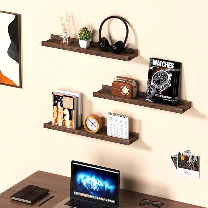 Floating Shelves for Wall, Solid Pine Wood Floating Shelf with Lip for Bedroom, Living Room, Kitchen, 24 Inch Wall Mounted Storage Shelves for Room Decor Organizers Set of 4 (Walnut, 4Pack 24inch)