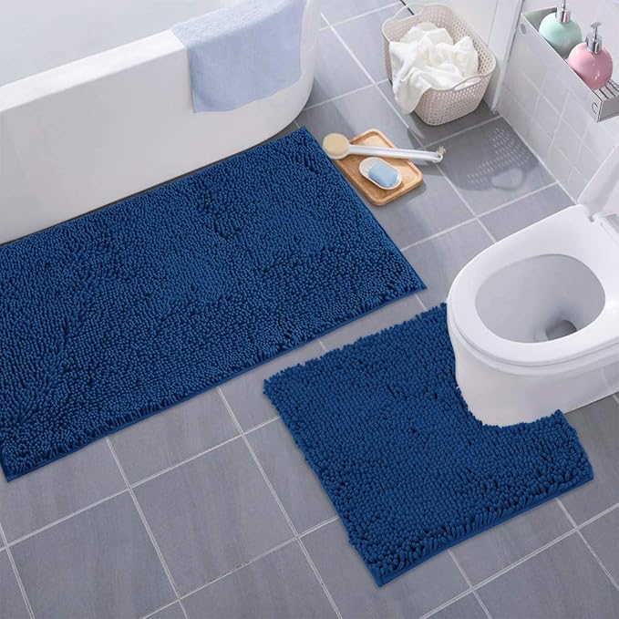 Bathroom Rugs Sets 2 Piece, Luxury Chenille Bath Mat Set, Soft Plush Anti-Slip Bath Rug + U-Shaped Toilet Mat. Microfiber Shaggy Carpet, Super Absorbent (24” x 36” & 20” x 24” U, Blue)