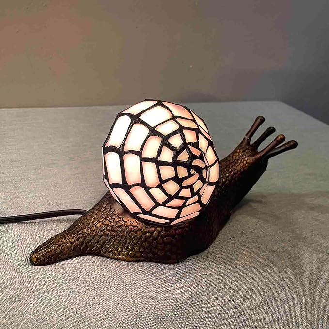 Bieye L10962 Land Snail Tiffany Style Stained Glass Accent Table Lamp for Home Decor (Pink, 10" D x 5" W x 5" H)