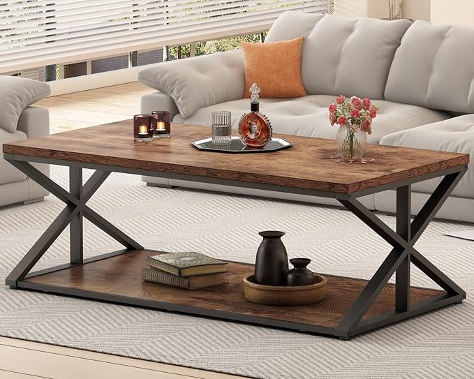 Coffee Table With Storage, Farmhouse Living Room Center Table, Modern Minimalist Rectangle, Industrial Vintage Wood Tea, 47 Inch, Rustic Brown