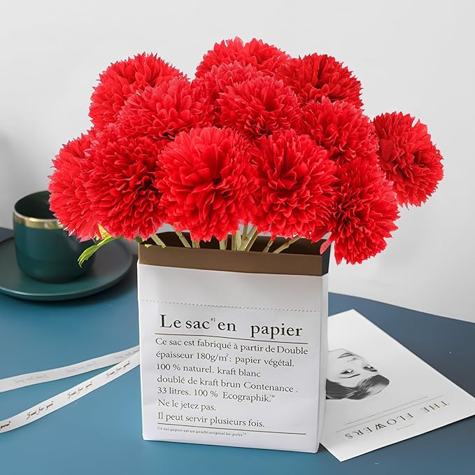 12 Pcs Artificial Chrysanthemums Flowers Silk Red Ball Flowers Fake Mums Flowers for Christmas Wedding Floral Table Centerpiece Home Decor (12, Red)