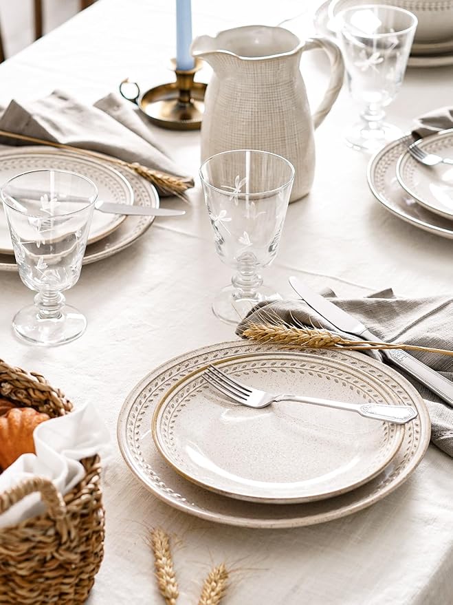 LE TAUCI Dinnerware Sets for 4, Stoneware 12 Piece Ceramic Plates & Bowls | Oven/Dishwasher/Microwave Safe | Ideal for Housewarming | Reactive Beige (10" Plate+8" Dish+27oz Bowl)