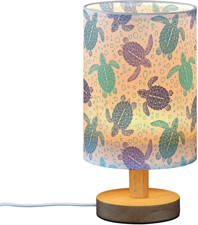 Table Lamp Sea Turtle Ocean Bubble Pattern Marine Animal World Turtles Nightstand Lamp with Wood Base Fabric Lamp Shade Bedside Desk Lamp for Living Room Bedroom Kids Room Office