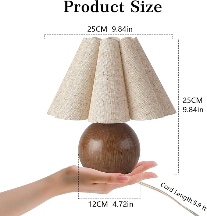 Farmhouse Cute Table Lamp for Bedroom & Living Room - Wood Grain, Vintage Style with Scalloped Shade
