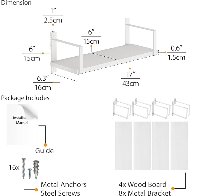 Wallniture Toledo 17" Floating Shelves for Wall, Bookshelf Living Room Decor, Kitchen Organization, Bathroom Shelves, 17" Office Wall Shelf Set of 4 White