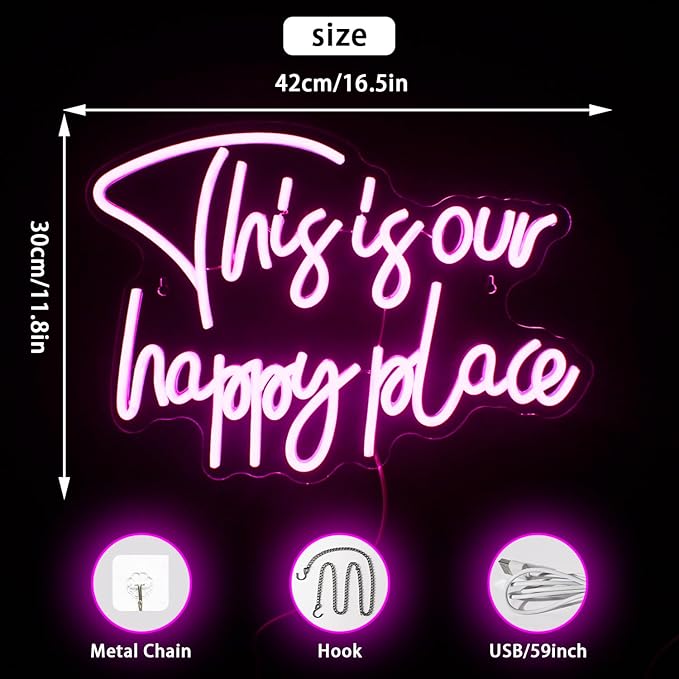 NOSUN This is Our Happy Place Neon Sign Pink Neon Signs for Wall Decor Pink Neon Light Sign with Dimmable Letter Neon Signs for Bedroom Bar Party Club Home Wedding Birthday Party LED Neon Decorations