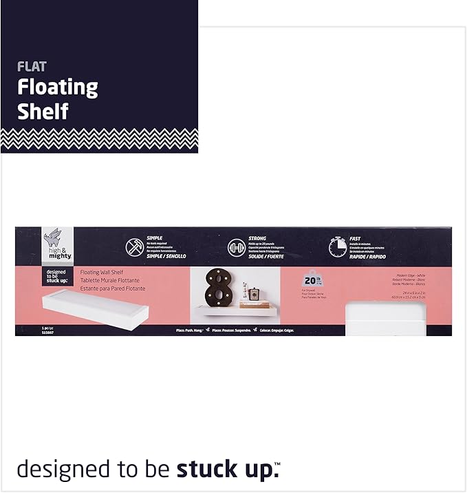 HIGH & MIGHTY 515607 Modern 24" Floating Shelf Holds up to 20lbs, Easy Tool-Free Dry Wall Installation, Flat, Retail Packaging, White