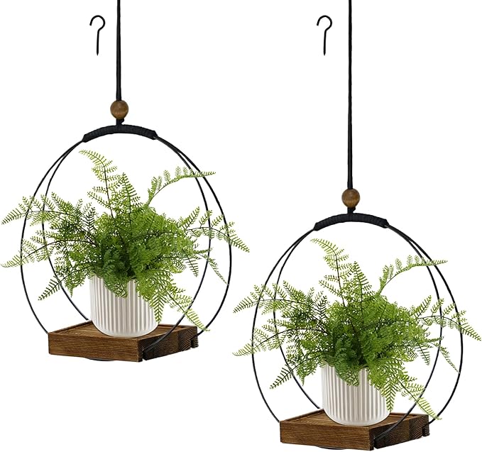 2 Pack Hanging Planter for Indoor Plants, Black Plant Hanger with Sturdy Wood Base, Modern Boho Macrame Hanger, Wall Ceiling Window Planter (Plants/Pots Not Included)