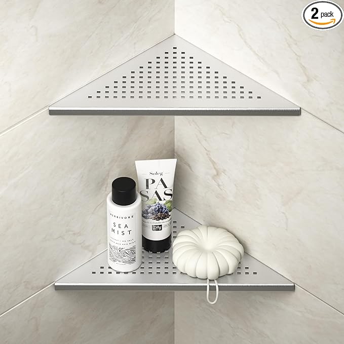 Corner Shower Shelves, 10" Brushed 304 Stainless Steel Recessed Shelf for Bathroom, Grout in Shelf for Tiled Wall, 2 Pack, No Drilling Needed