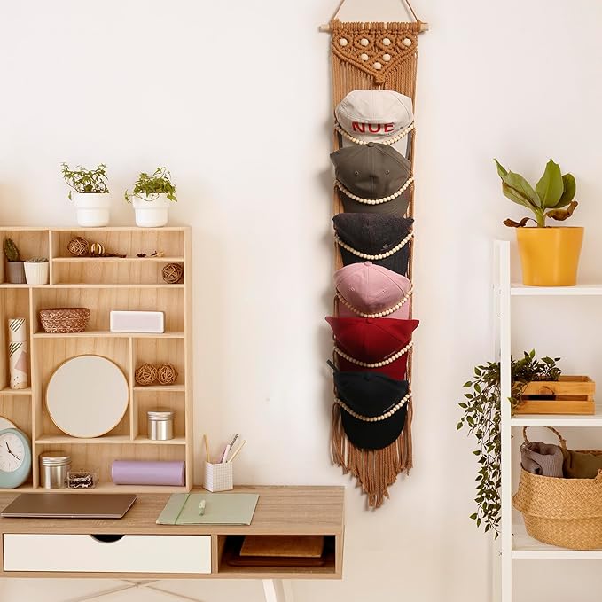 Ball Cap Hanger-1 Pack-Boho Macrame Cap Holder Wall Hat Organizer for Baseball Cap Holder Over Door, Hat Rack for Wall, Cap Rack for Decoration and Display(Brown)
