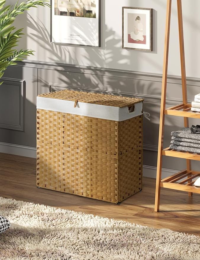 Greenstell Laundry Hamper with lid, No Install Needed, 110L Wicker Laundry Baskets Foldable 2 Removable Liner Bags, 2 Section Clothes Hamper Handwoven Rattan Laundry Basket with Handles, Natural