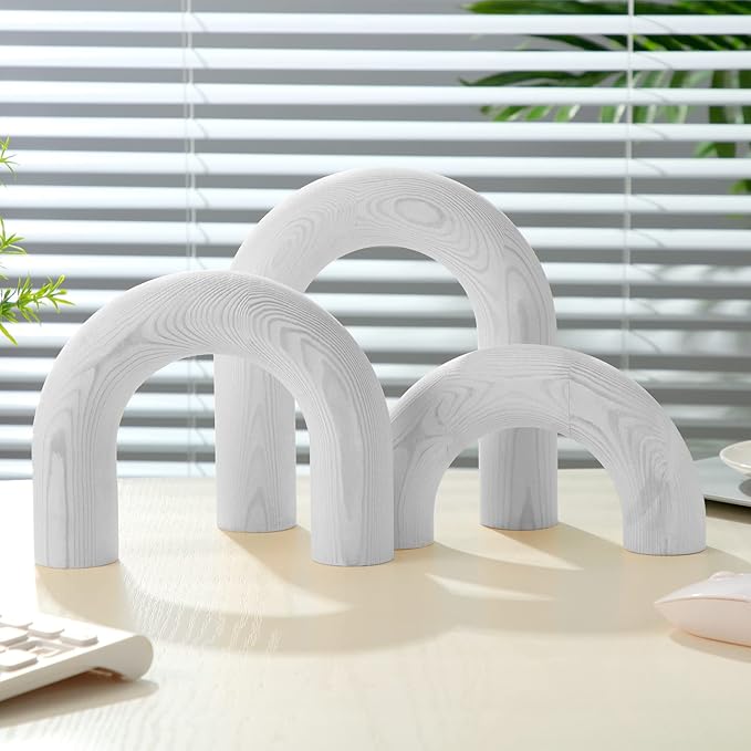 Qunclay 3 Pcs Wood Arch Decorative Objects Coffee Table Decor Modern Bookshelf Boho Home Decor for Shelves Mantel, Aesthetic Shelf Accent for Living Room Entryway(White)