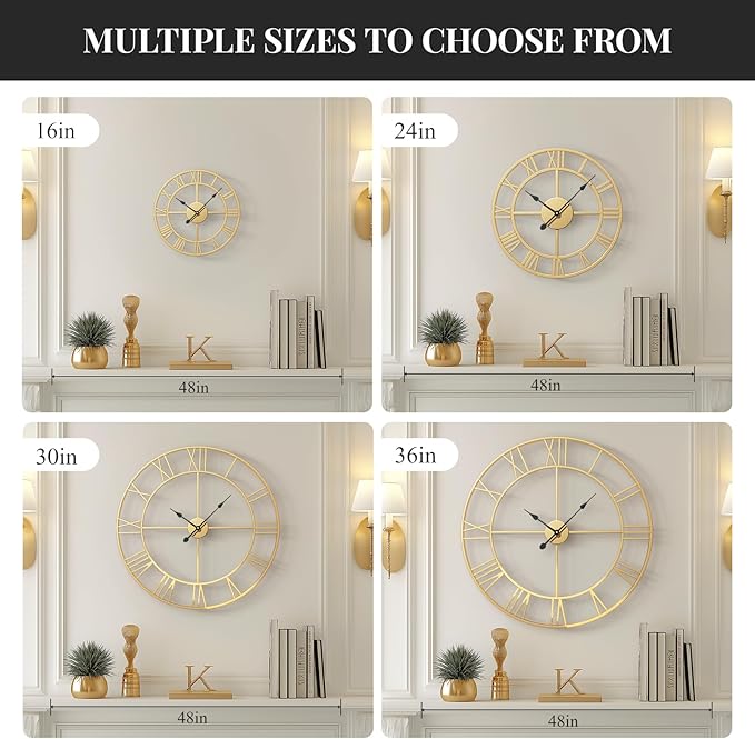 16 Inch Metal Gold Wall Clock - Silent Non-Ticking Battery-Operated Round Rustic Modern Clock for Living Room, Kitchen, Mantel - Roman Numerals