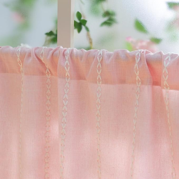Sutuo Home Boho Valance Curtains for Road Tiers Windows, Bohemian Short Curtains Light Filtering French Country Tassels Window Treatment Embroidery Drape, Rod Pocket 1 Panel 52" W x 18" L, Pink