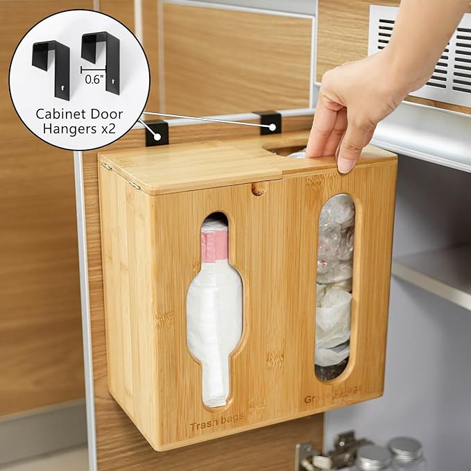 Trash Bag Dispenser & Grocery Bag Holder -2 in 1-Bamboo Plastic Bag Holder with Large Storage Capacity and Wall-Mounted Design, Grocery Garbage Bag Organizers for Kitchen and Laundry Room Organization