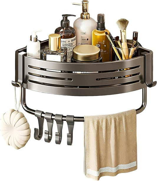 Corner Triangle Shower Shelves with Connecting Rods and 6 Hooks, Drilled or Non-Drilled Rust Resistant Storage Shelf for Bathroom, Kitchen, Wall Mounted Storage Shelf (1 Pack, Gray)