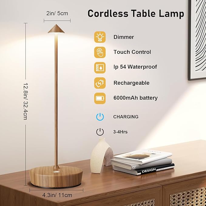 Set of 2 Rechargeable Cordless Table Lamp,6000mAh LED Battery Operated Desk Lamp Touch 3 Color Dimming Portable Outdoor Waterproof Table Light for Patio/Restaurant/Dining/Home (Light woodgrain)