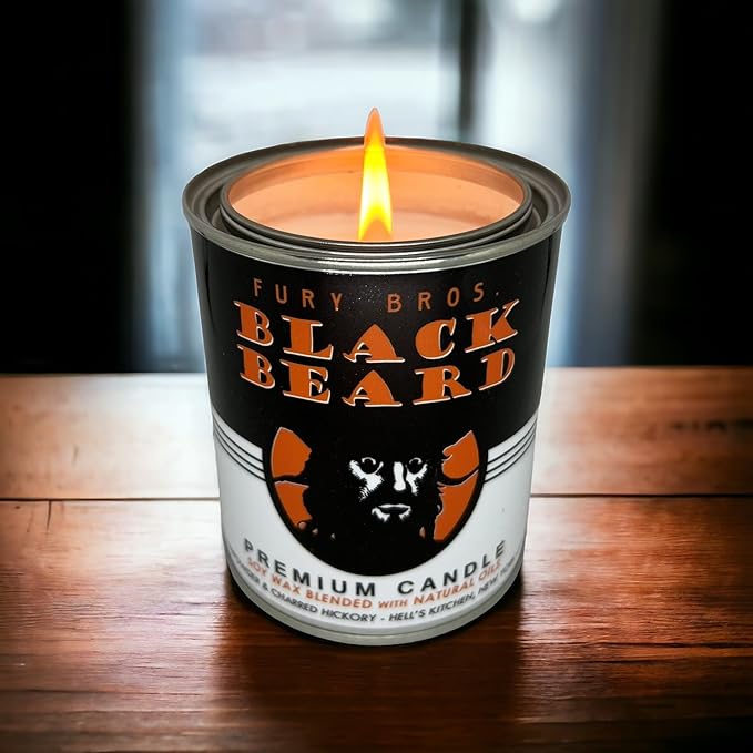 Scented Candles for Men | Black Beard | Gunpowder & Charred Hickory | Natural Soy Wax | Hand-Poured in the USA | Long 70-80 Hour Burn (12.5 oz) | Vintage-inspired Tin Design | Dad Home Gift