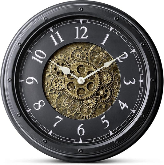 Wall Clock with Moving Gears, Vintage Industrial 16-Inch Silent Non-Ticking Steampunk Timepiece, Retro Frame Analog Battery Operated Rustic Mechanical Decor for Living Room, Home, Office, Loft (Black)