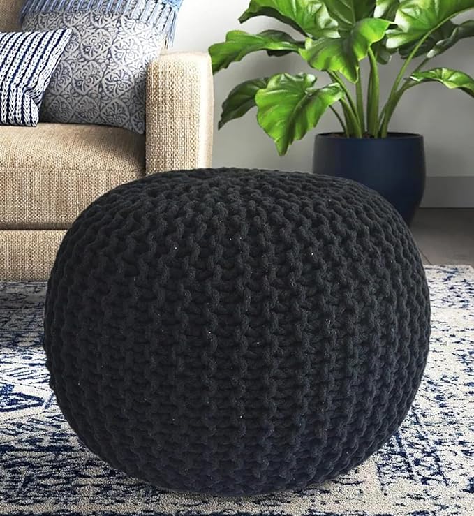 FRELISH DECOR Round Pouf Ottoman Hand Knitted 100% Cotton Pouf Foot Stool - Knitted Bean Bag - Floor Chair for Living Room Bedroom - Foot Rest for Couch (20 Diameter x 14 Height) - Black