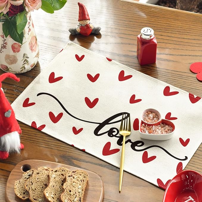 Artoid Mode White Love Valentine Placemats Set of 4, 12x18 Inch Seasonal Anniversary Holiday Table Mats for Party Kitchen Dining Decoration