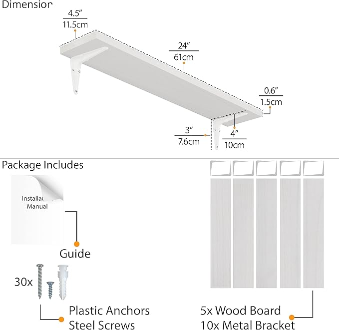 Wallniture Arras 24" Bathroom Shelves, Floating Shelves for Wall Storage, Bookshelf Living Room Decor, Bedroom, Kitchen Shelf, White Set of 5