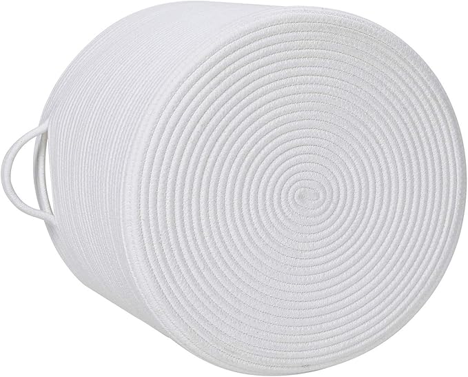 16" x 16" x 13" Medium Storage Basket with Lid, Cotton Rope Storage Baskets, Laundry Hamper, Cloth Bin, for Clothes Blankets Pillows Storage in Living Room, Full White with Cover