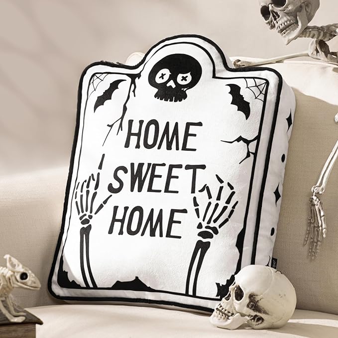 Phantoscope Happy Halloween Shaped Throw Pillow, Tombstone Shaped Pillow with Piping, 3D Soft Velvet Skull Halloween Pillow Decorative Cushion Pillow for Couch, White, 18 x 13.5 inch