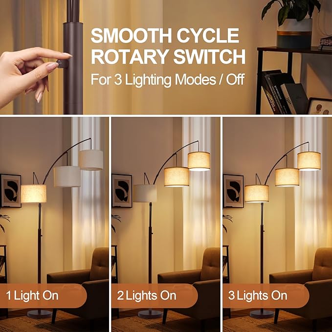 OUTON Tall Arc Floor Lamp - Adjustable, Modern, 3-Light Arched Lamp for Bedroom, Office, and Living Room, 2400lm Mid Century Design with 3 Energy-Efficient LED Bulbs Included, Beige Lampshade