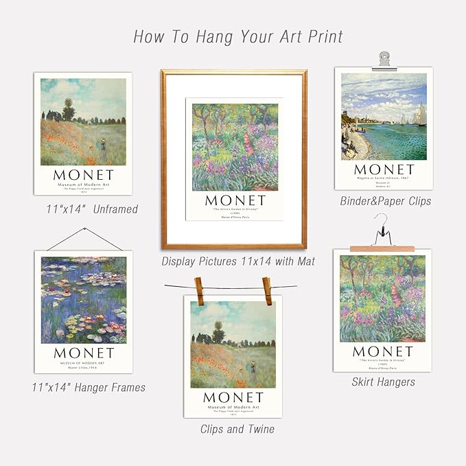 Claude Monet Artwork Paintings - UNFRAMED Wall Art Posters, Famouse Painting Prints, Vintage Decor for Living Room & Bathroom - 11"x14"