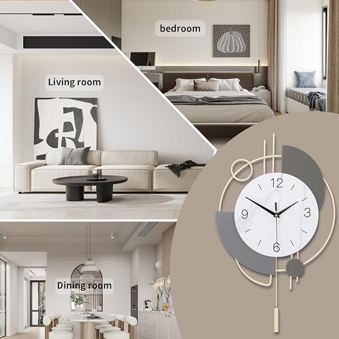 Decorative Silent Quartz Wall Clock with Pendulum, Large for Living Room, Kitchen, Bathroom, Bedroom - 13x21.65in