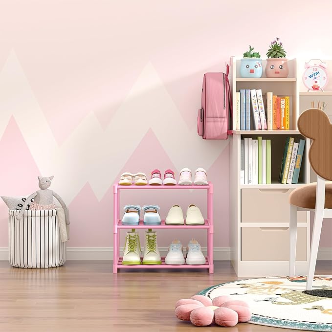 3-Tier Free Standing Shoe Racks for 5-7 Pairs Shoe Storage,Kids Shoe Racks for Small Place, Lightweight Stackable Shoe Shelf Organizer for Entryway, Doorway and Closet,Pink