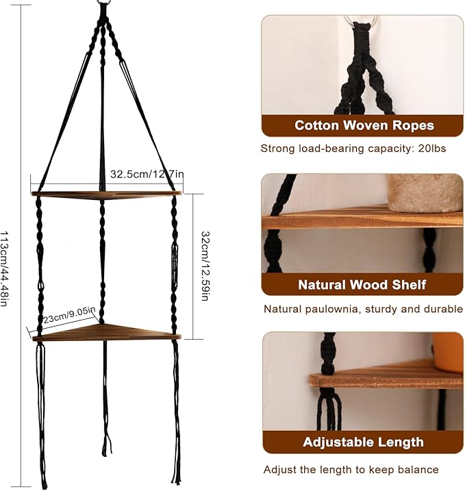 Artilady Macrame Corner Shelf Wall Hanging - 2 Tier Black Corner Floating Shelves Boho Wall Decor, Rustic Wooden Plant Shelf Storage Rack for Bedroom Living Room Bathroom