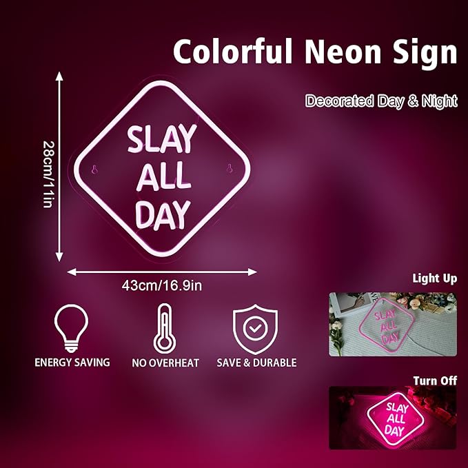 Slay All Day Neon Sign Pink Led Neon Light For Wall Decor Slay Queen LED Neon Light Aesthetic Preppy Girl Dimmable Light Up Sign For Bedroom Room Dorm Y2k Party Teen Girls Gifts