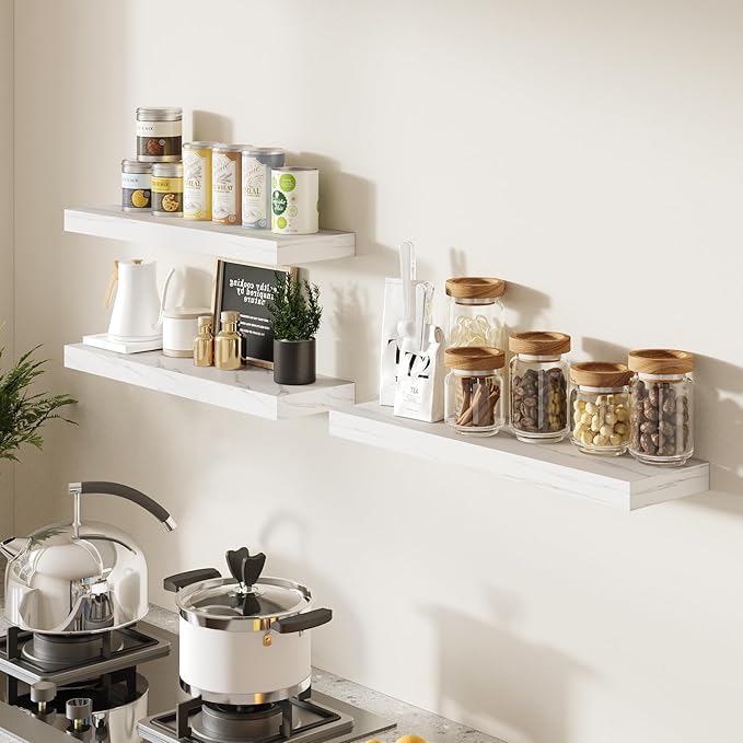 BAMEOS Floating Shelf,Wall Shelf,Decor Wall Mounted Shelves,Hanging Shelf Set of 3,L24xW6 for Bathroom Kitchen Living,Kitchen,Room Bedroom Storage,Jazz White
