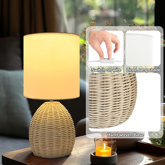Boho Rattan Table Lamp Bedside - 3 Color Temperature Handmade Bamboo Woven Lamp for Nightstand Living Room (Original Color, 1 Pack)